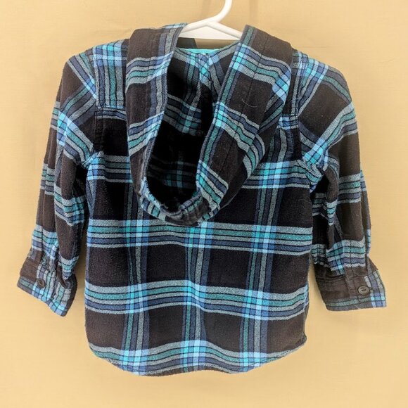 2T Boys Hooded Flannel Shirt/Jacket Long Sleeve Button Up 100% Cotton Blue Plaid - Picture 3 of 6